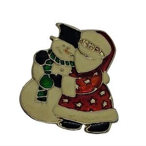 Vintage Festive Enamel Santa & Snowman Hugging Christmas Brooch Pin